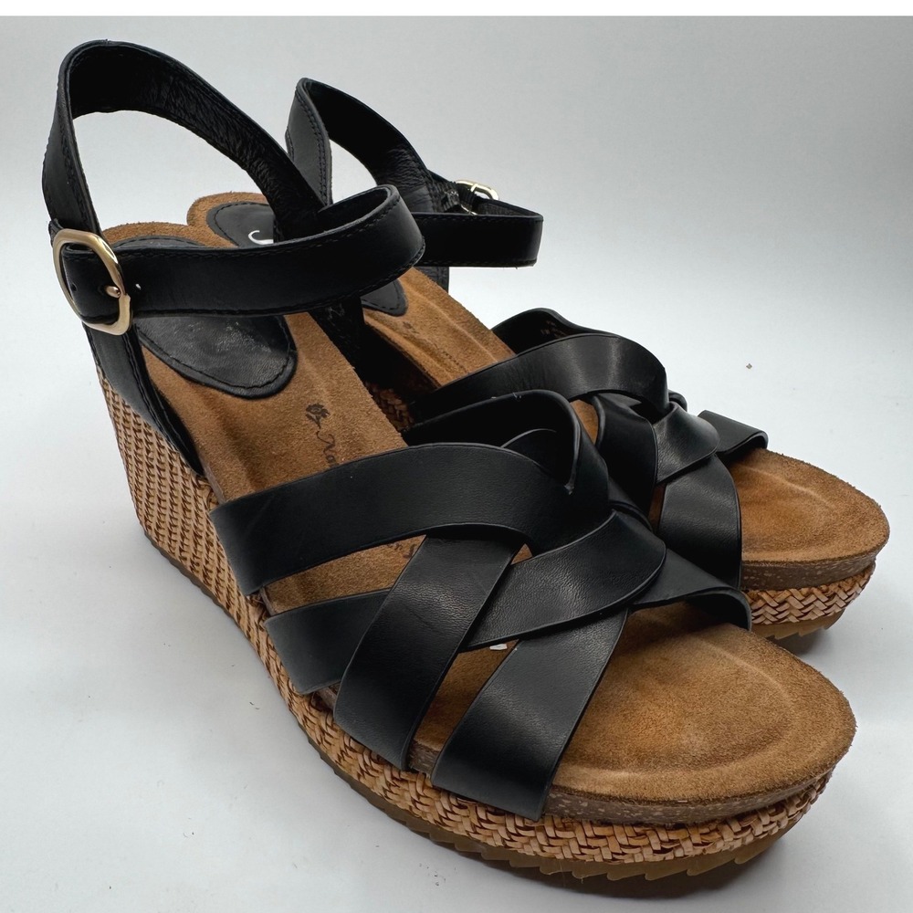 Sofft Black Leather Strappy Woven Wedge Sandals Size 8.5